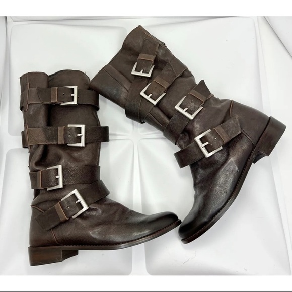 Rare LIMI Feu Feu Paris 34.5 Sz 5 Womens Brown Leather Buckle Stappy Boots Biker - Picture 1 of 11